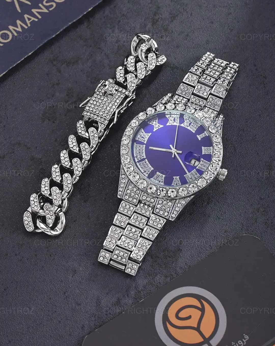 ست ساعت مچی و دستبند مردانه فول نگین رولکس ROLEX مدل 1803 — تصویر ۴