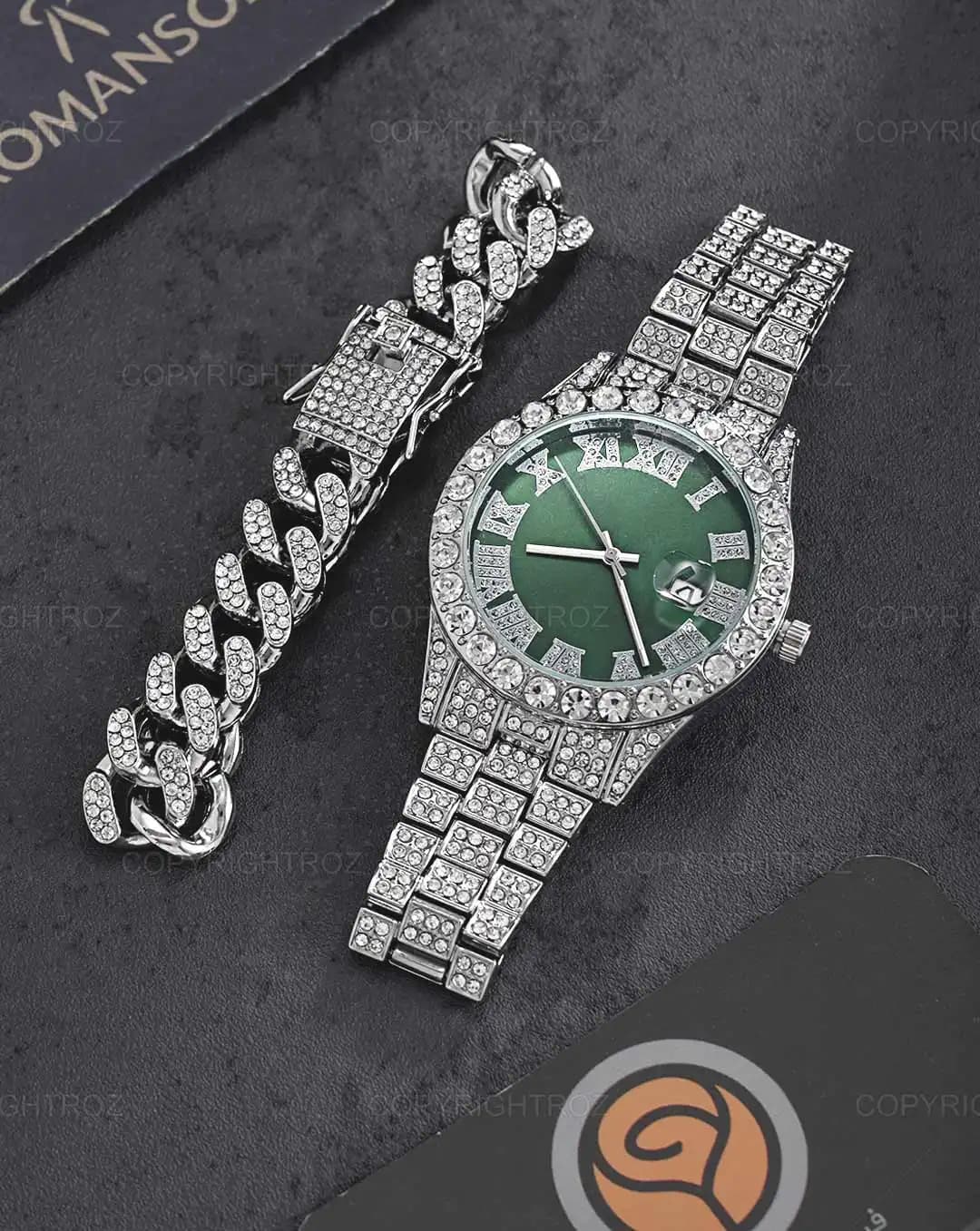 ست ساعت مچی و دستبند مردانه فول نگین رولکس ROLEX مدل 1802 — تصویر ۵