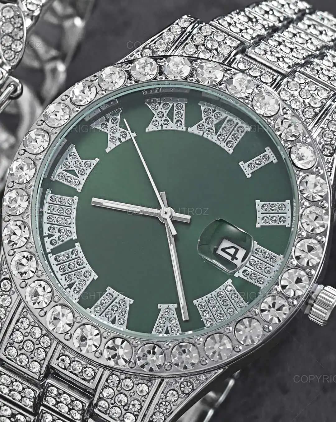 ست ساعت مچی و دستبند مردانه فول نگین رولکس ROLEX مدل 1802 — تصویر ۴