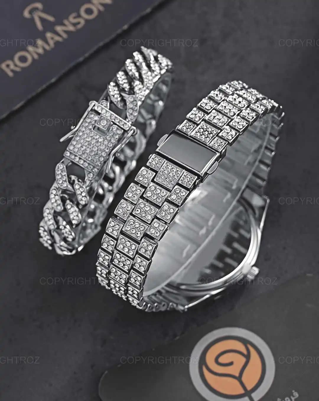 ست ساعت مچی و دستبند مردانه فول نگین رولکس ROLEX مدل 1802 — تصویر ۷