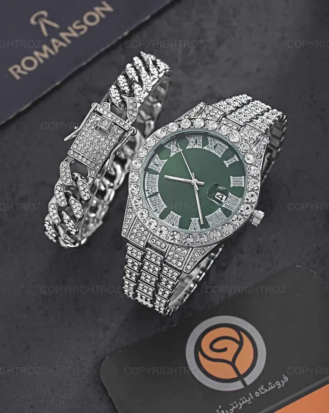 ست ساعت مچی و دستبند مردانه فول نگین رولکس ROLEX مدل 1802 — تصویر ۳