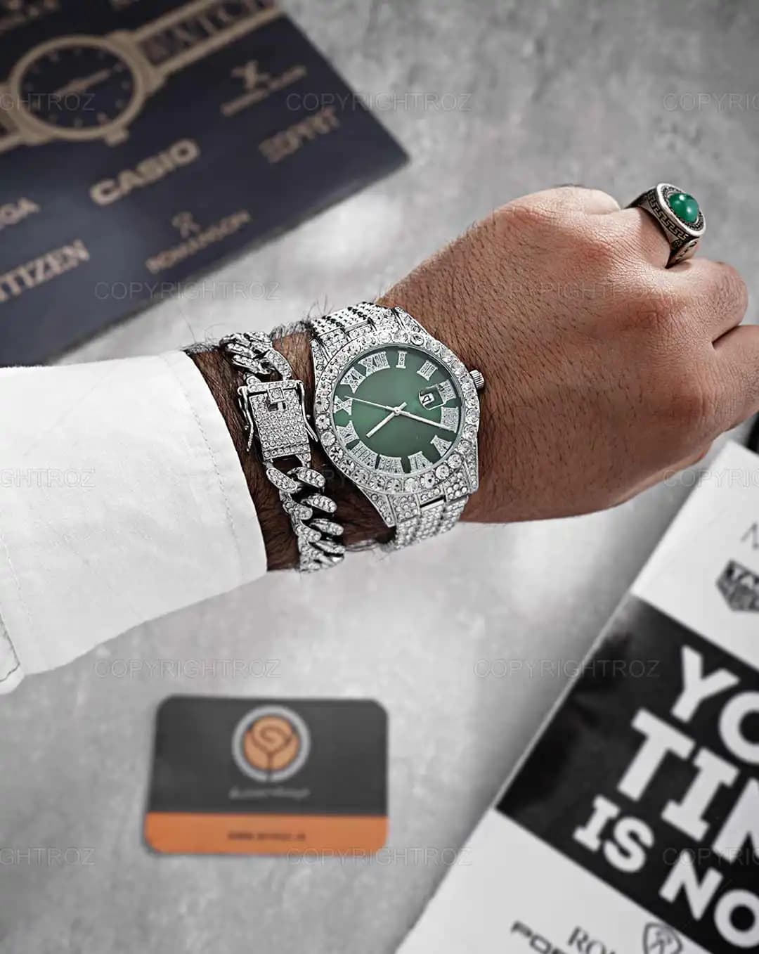 ست ساعت مچی و دستبند مردانه فول نگین رولکس ROLEX مدل 1802 — تصویر ۲