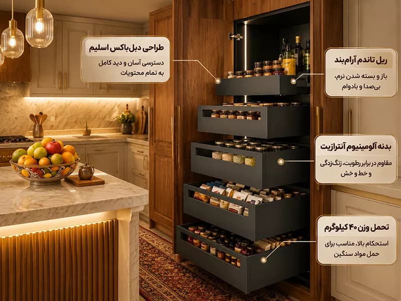 سبد سوپری کشویی دبل باکس اسلیم با فرانت آلومینیوم آرام بند فانتونی — تصویر ۴