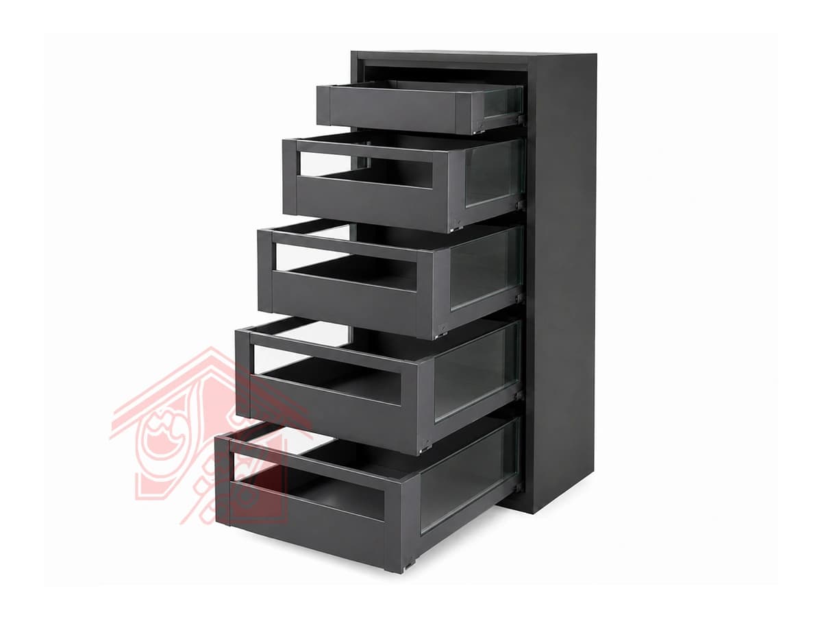 کشو سوپری کابینت اسلیم شیشه با فرانت آلومینیوم آرام بند فانتونی