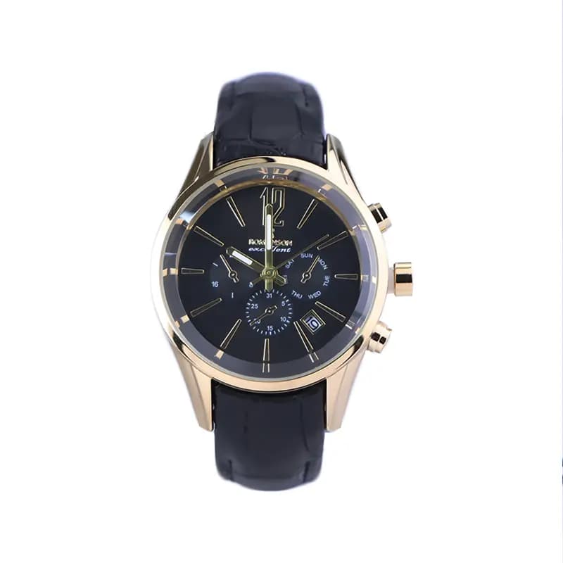 ساعت عقربه ای رومانسون مردانه چرم مشکی قاب طلایی G 2076/1