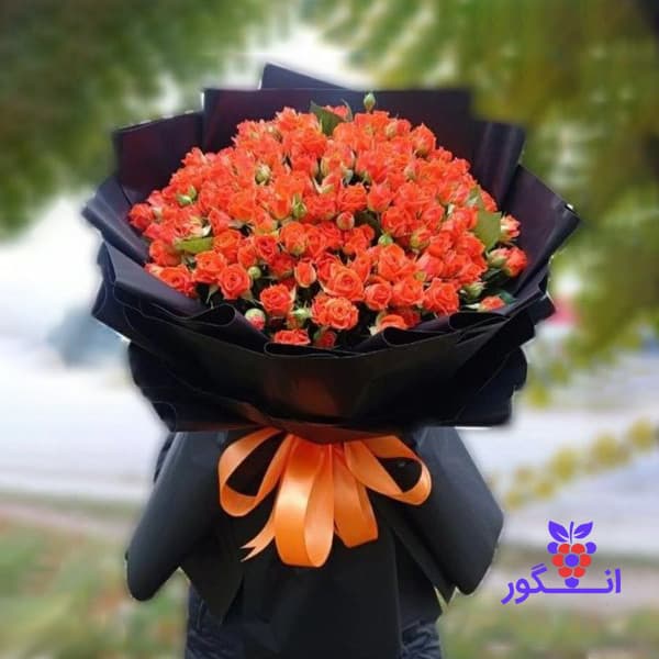 دسته گل بزرگ رز مینیاتوری نارنجی مدل شعله‌ی شب