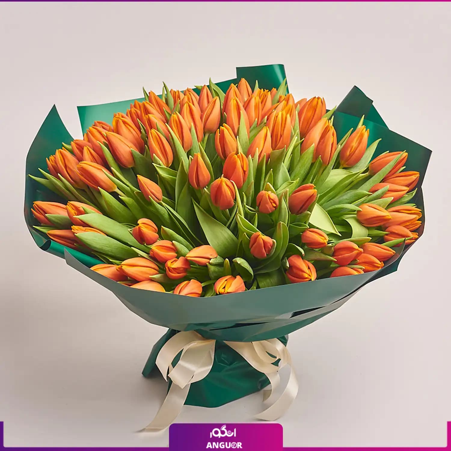 دسته گل لاله بزرگ رنگ نارنجی 100 شاخه