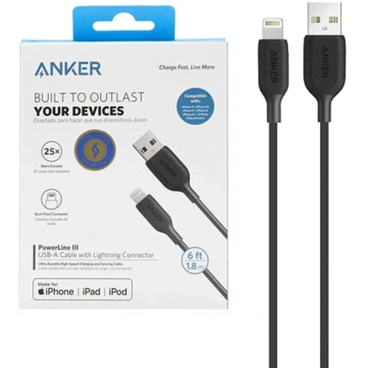 کابل شارژ 1.8 متری آیفون ANKER مدل PowerLine III A8813 – مشکی (گارانتی 18 ماهه شرکتی)