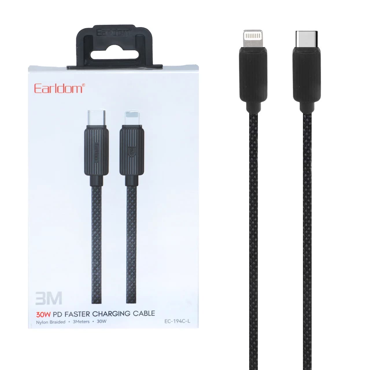 کابل شارژ 3 متری PD و فست Earldom Type-C To Lightning مدل EC-194C-L 30W – مشکی