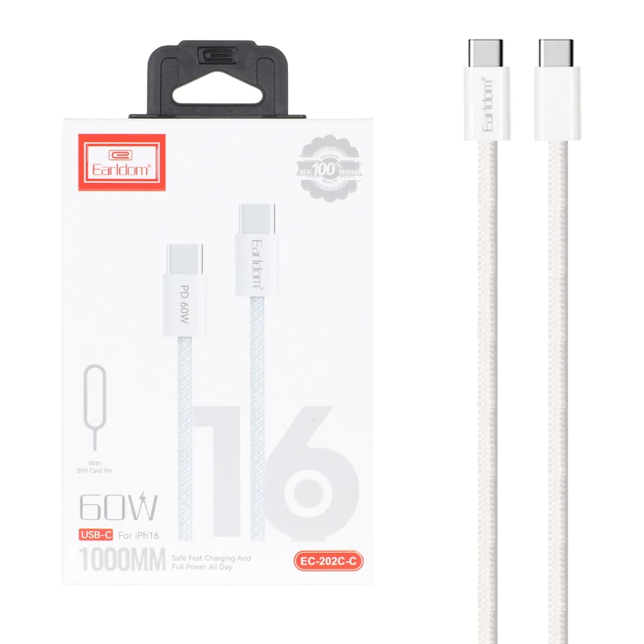 کابل شارژ PD و فست Earldom Type-C to Type-C مدل EC-202C-C 60W – سفید