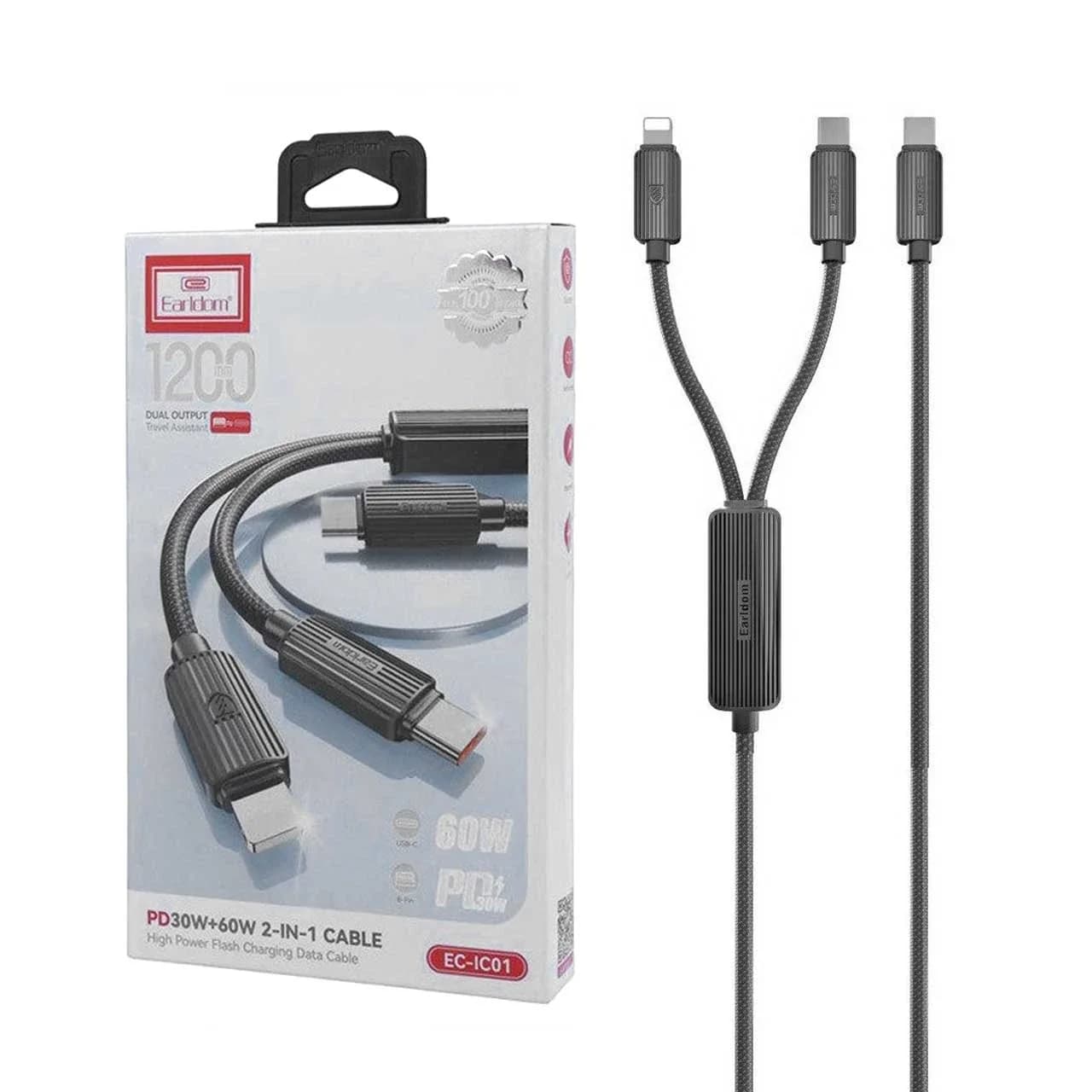 کابل شارژ 2 کاره 1.2 متری PD و فست Earldom Type-C to Type-C & Lightning مدل EC-IC01 60W – مشکی