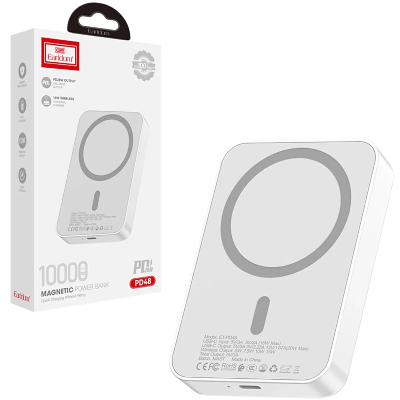 پاوربانک PD و فست شارژ Earldom 10000mAh مدل ET-PD48 20W – سفید