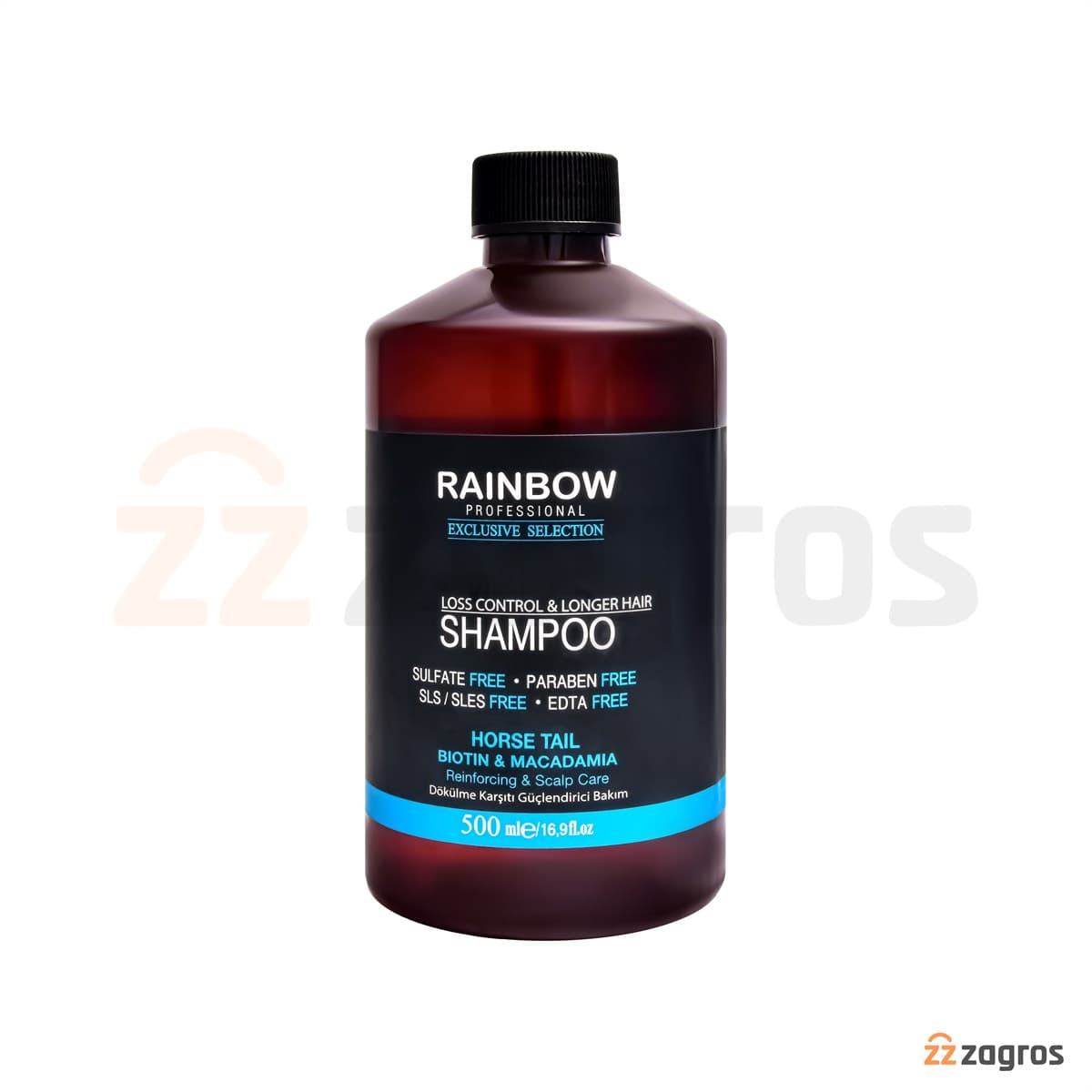 شامپو بدون سولفات ضد ریزش مو رینبو Rainbow حاوی بیوتین و عصاره ماکادمیا 500 میل