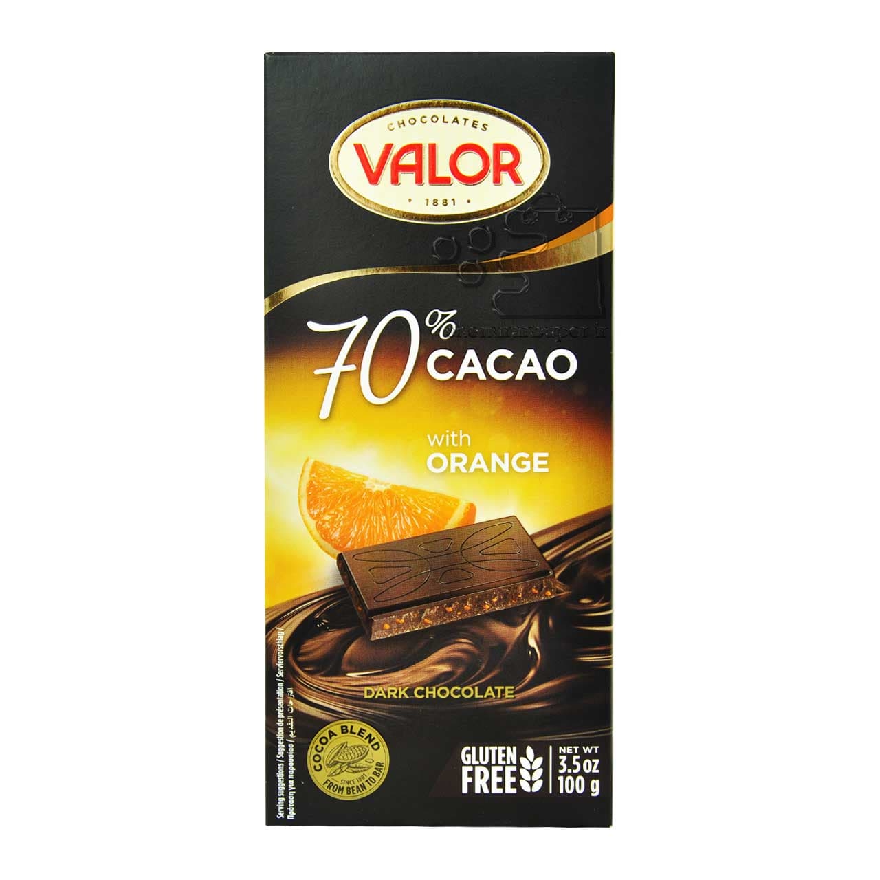 شکلات تلخ ۷۰ درصد با طعم پرتقال بدون گلوتن ۱۰۰ گرم والور – valor