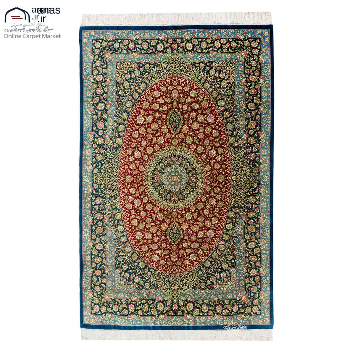 فرش دستباف ذرع و نیم ابریشم طرح لچک ترنج فلاح قم کد D02236G