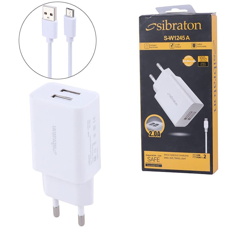 شارژر دیواری سیبراتون دو پورت مدل S-W1245A 2A 10W با کابل Micro-USB