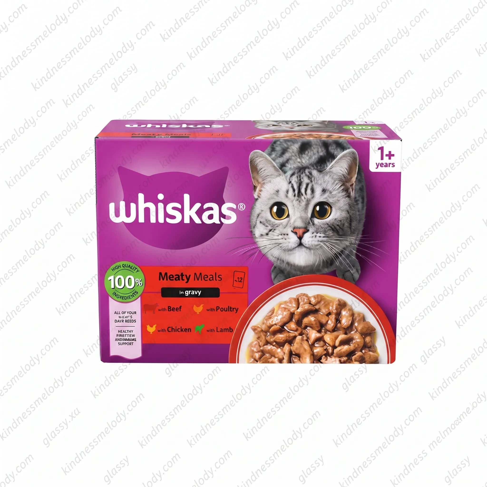 پوچ گربه ویسکاس میکس گوشت گاو، مرغ، بره و طیور Whiskas Cat Pouches Mixed Selection in Gravy بسته 12 عددی