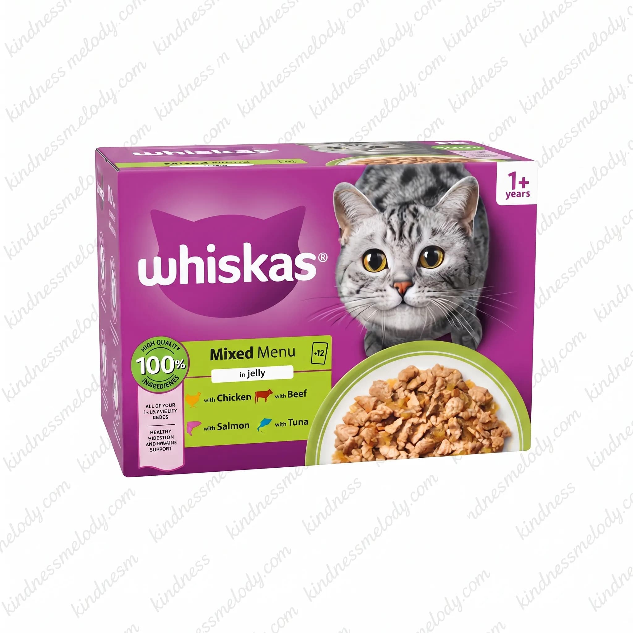 پوچ گربه ویسکاس میکس طعم گوشت گاو، مرغ، بره و ماکیان Whiskas Cat Pouches Mixed Selection in Gravy بسته 12 عددی