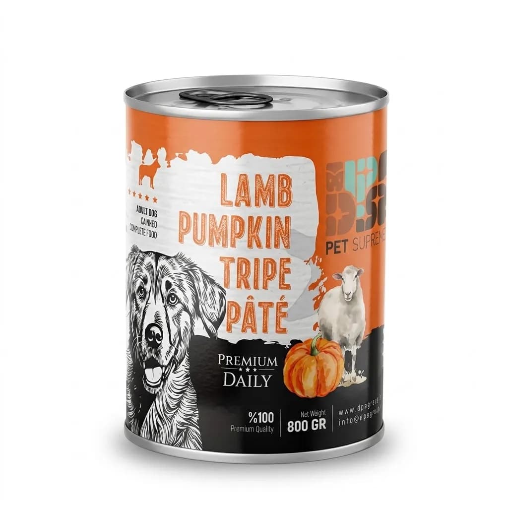 کنسرو سگ دی پی اس پریمیوم طعم بره و سیرابی و کدو DPS Premium Lamb, Tripe and Pumpkin وزن 800 گرم