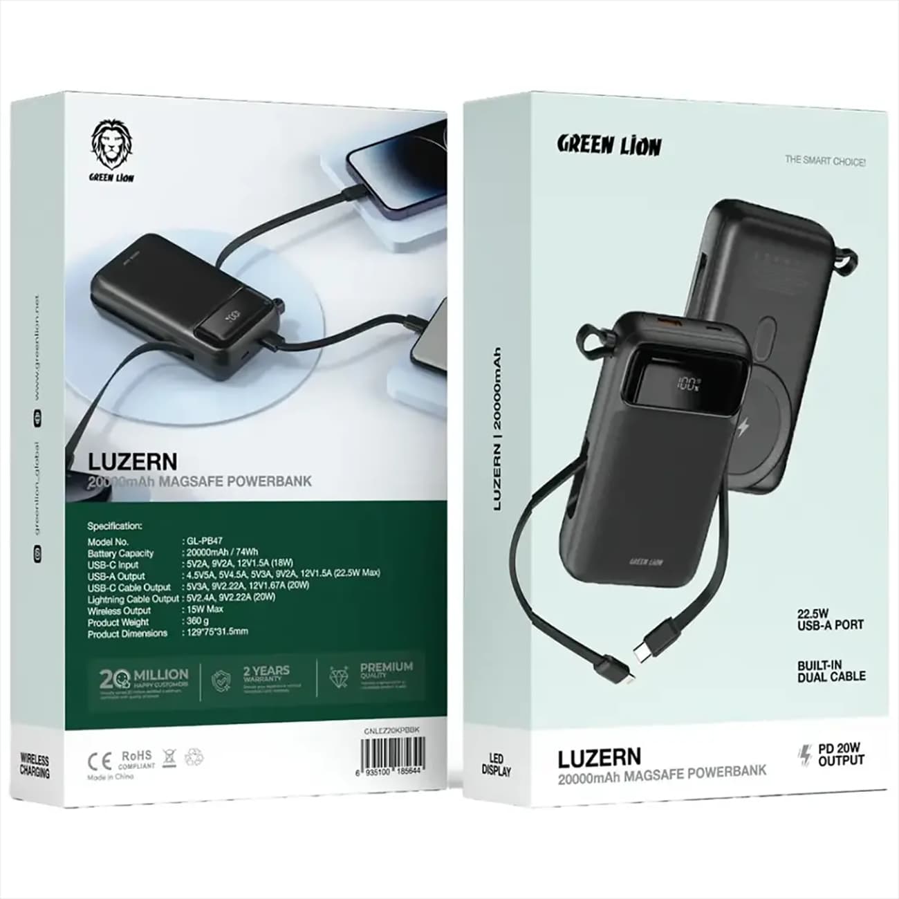 پاور بانک 20000 وایرلس گرین لاین GREEN LION مدل GL-PB47 توان 22.5 وات — تصویر ۲