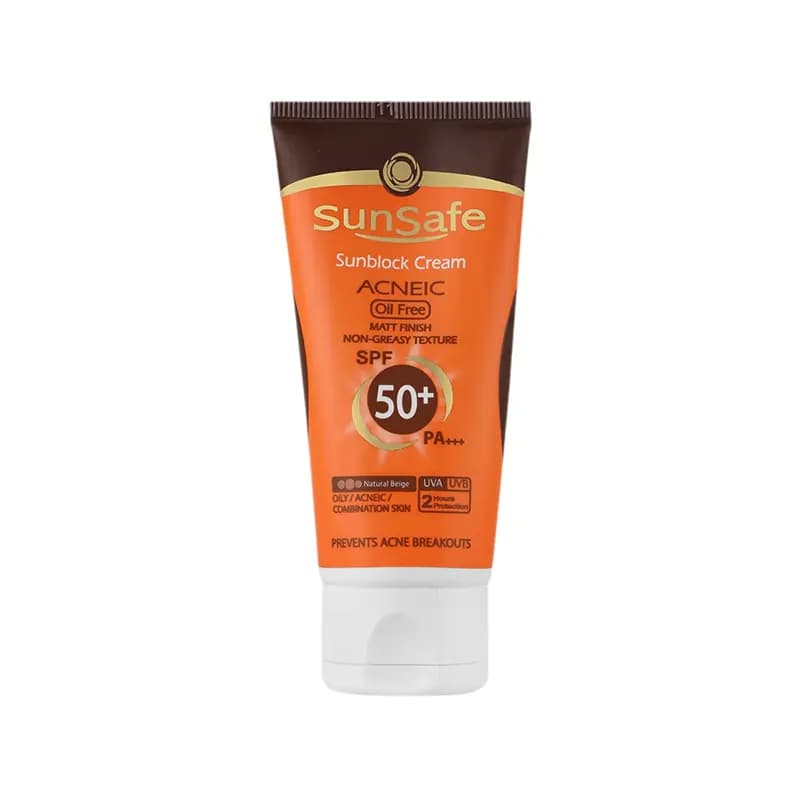 کرم ضد آفتاب spf50+ رنگی سان سیف فاقد چربی رنگ بژ طبیعی حجم 50 گرم