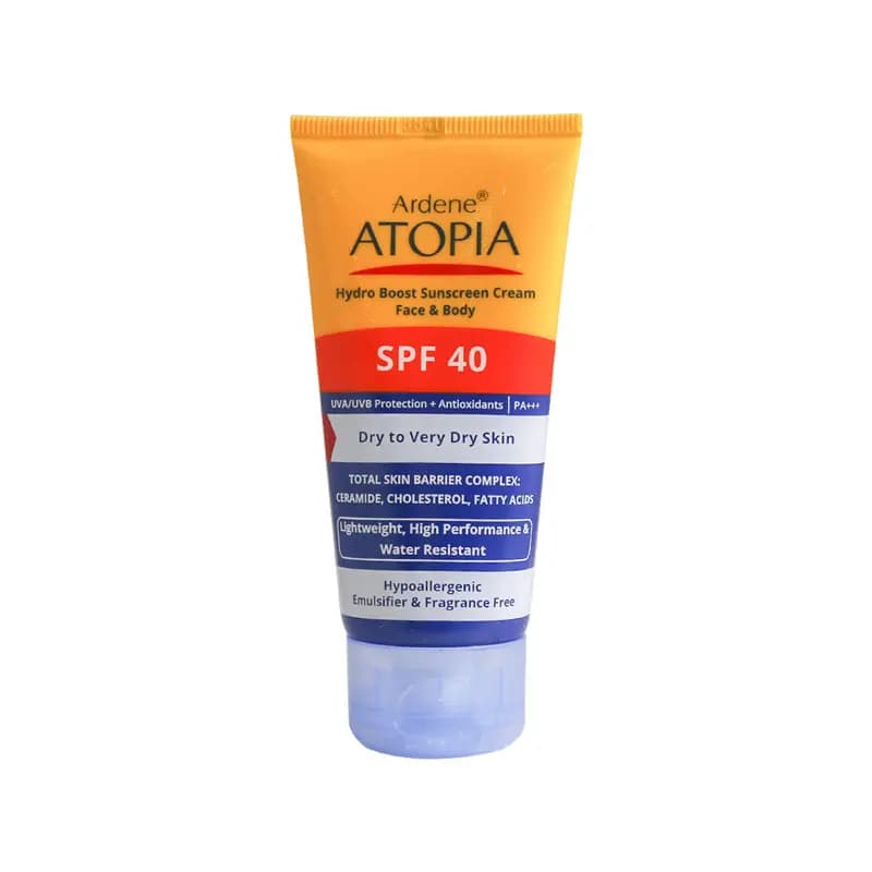 کرم ضد آفتاب رطوبت رسان آردن آتوپیا SPF40 بدون رنگ مناسب پوست های خشک و خیلی خشک حجم 50 میلی لیتر