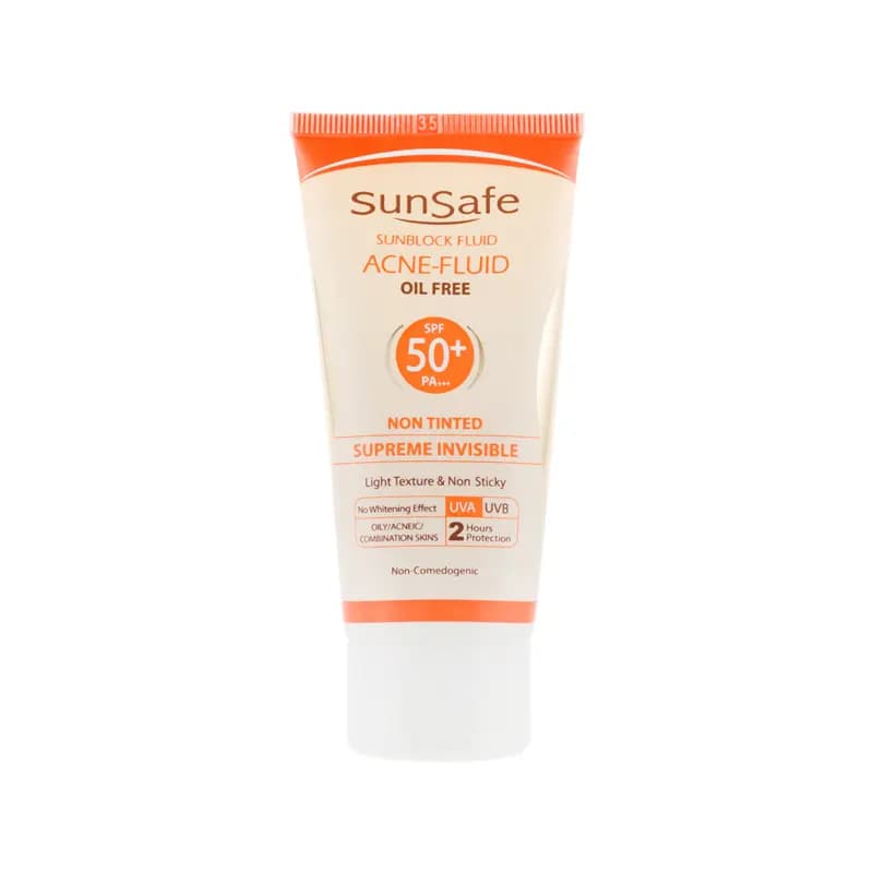 فلوئید ضد آفتاب بدون رنگ سان سیف مدل spf50+ فاقد چربی مناسب پوست های چرب و آکنه ای حجم 50 گرم