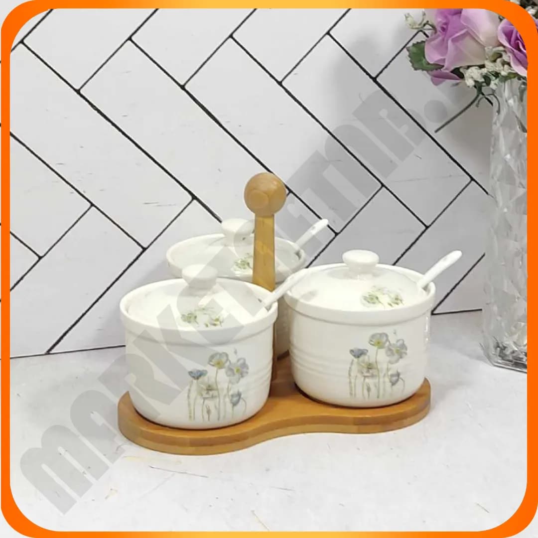 جا ادویه 3 تایی سرامیک پایه چوب قاشق دارSC3449 سولیکاسا