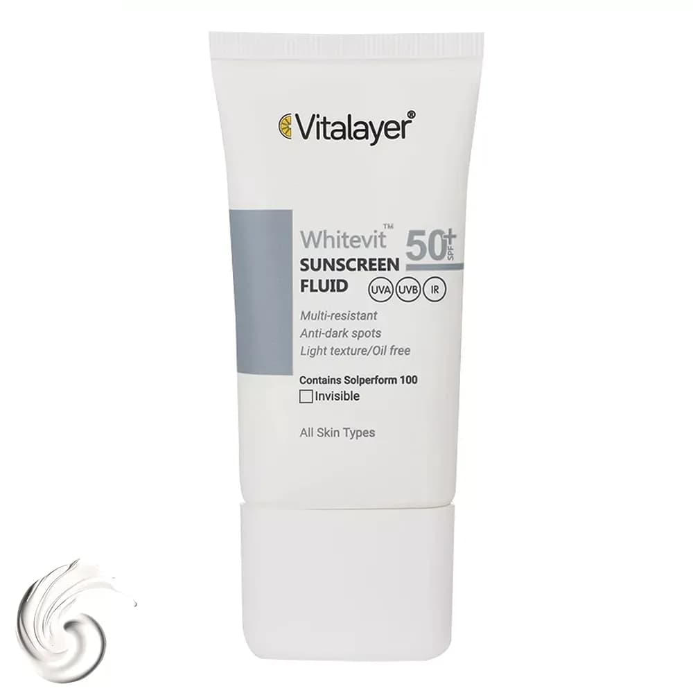 فلوئید ضدآفتاب بی‌رنگ ویتالیر SPF50 مدل Whitevit مناسب تیره و لک دار، حجم 50 میلی‌لیتر