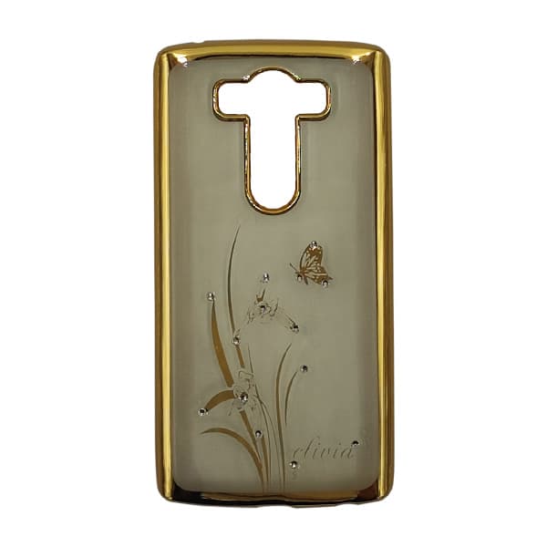 قاب ال جی V10 ژله ای شفاف نگین دار دور طلایی پروانه
