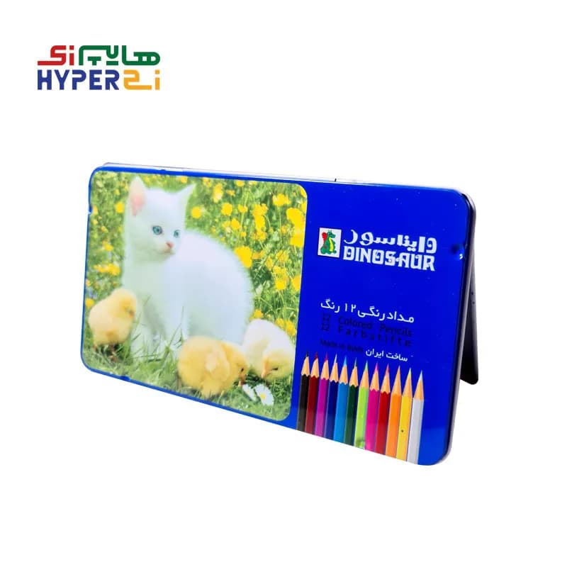 مداد رنگی 12رنگ دایناسور جعبه فلزی طرح گربه