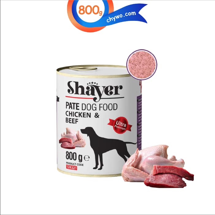 کنسرو سگ شایر طعم مرغ و گوشت مدل پته وزن 800 گرم Shayer