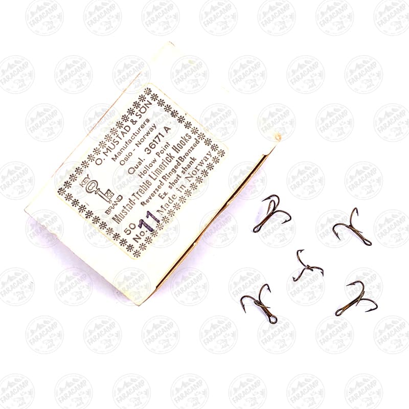 قلاب موستاد سه شاخ سرکج برنز سایز ۱۱ بسته ۵ عددی MUSTAD Treble Limerick HOOKS 36171A