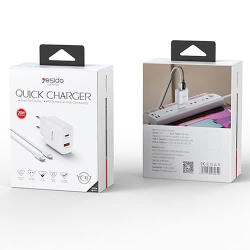 شارژر دیواری 20 وات یسیدو مدل YC47 به همراه کابل لایتنینگ — تصویر ۳