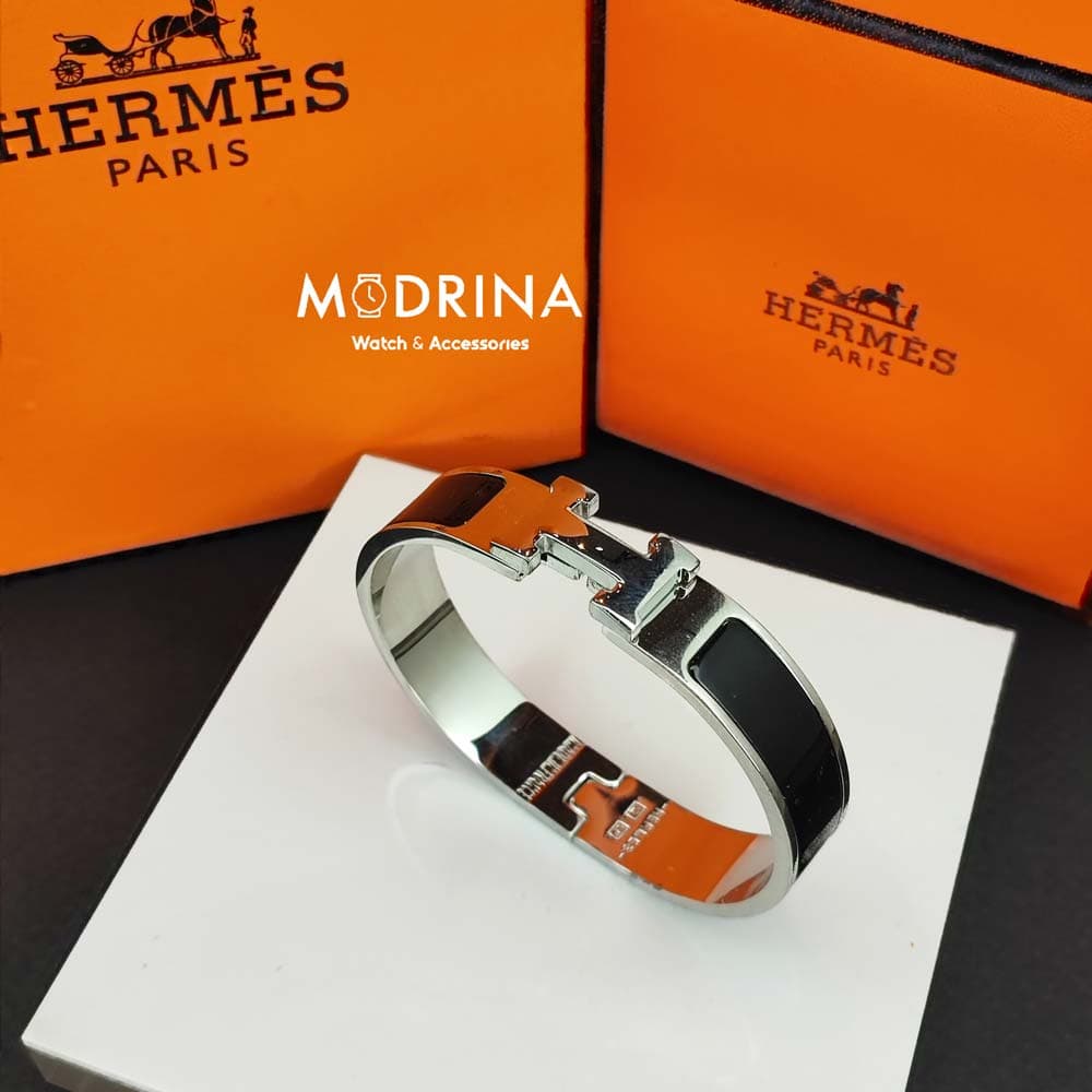 دستبند زنانه هرمس (Hermes) ساده سیلور – مشکی