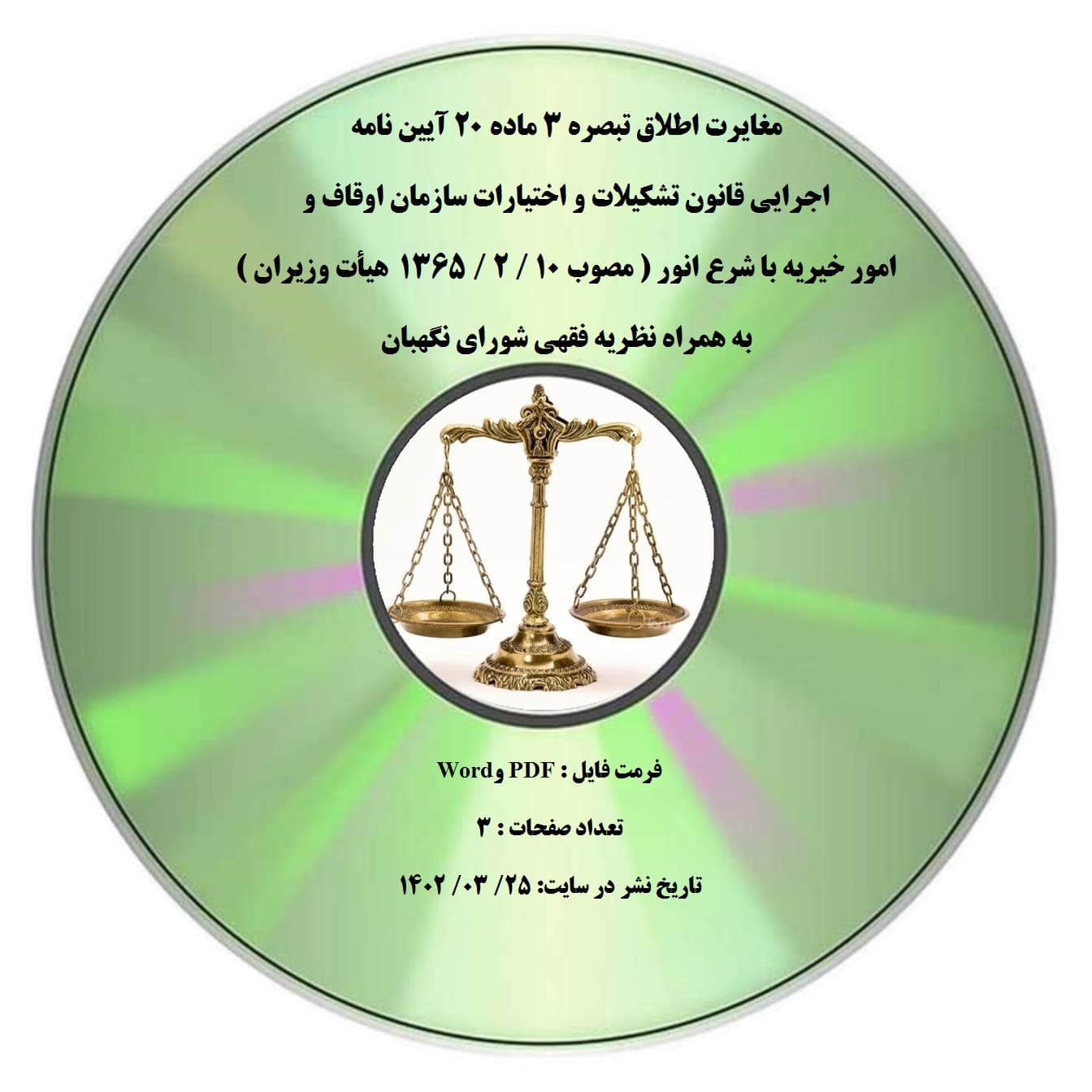 مغایرت اطلاق تبصره ۳ ماده ۲۰ آیین نامه اجرایی قانون تشکیلات و اختیارات سازمان اوقاف و امور خیریه با شرع انور ( مصوب 10 / 2 / 1365 هیأت وزیران ) به همراه نظریه فقهی شورای نگهبان