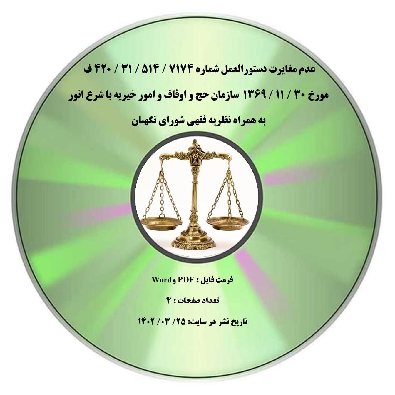 عدم مغایرت دستورالعمل شماره 7174 / 514 / 31 / 420 ف مورخ 30 / 11 / 1369 سازمان حج و اوقاف و امور خیریه با شرع انور به همراه نظریه فقهی شورای نگهبان