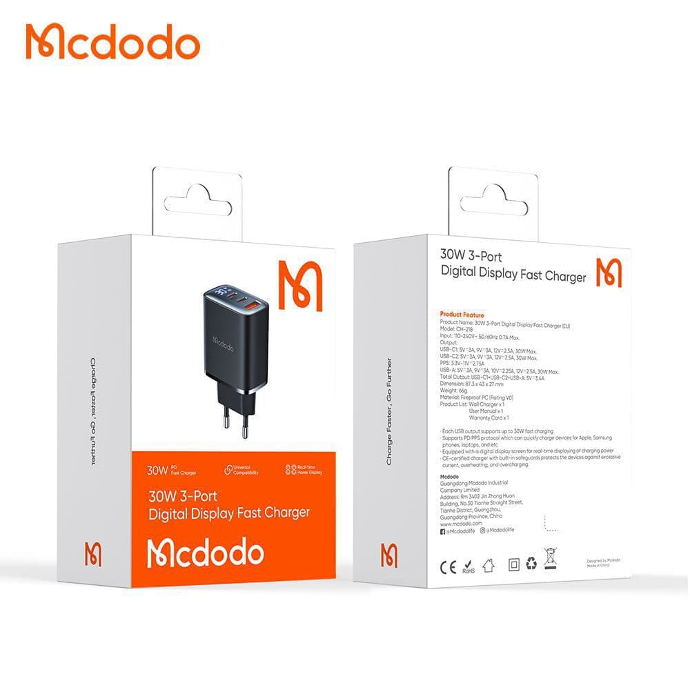 شارژر 3 پورت 30 وات مک دودو Mcdodo Digital Display Fast Charge CH-2180 — تصویر ۳
