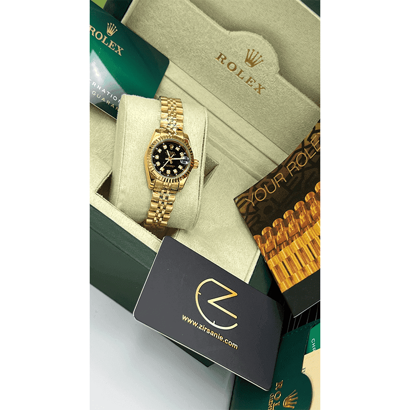 ساعت مچی رولکس دیت جاست طلایی صفحه مشکی اندکس نگین (تک و ست) Rolex Datejust Golden Black Screen Diaomnd Index — تصویر ۵