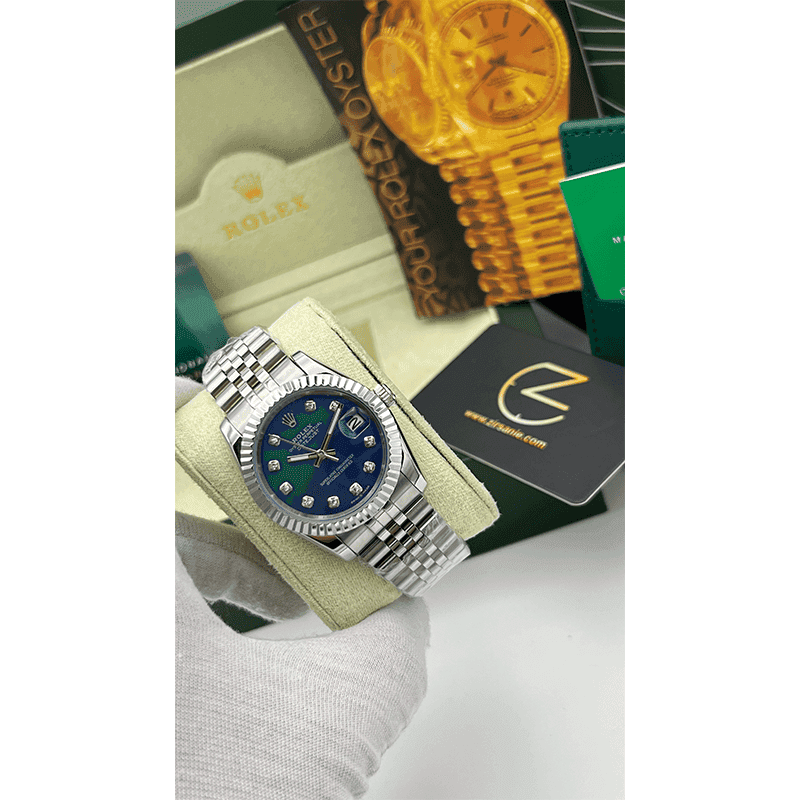 ساعت مچی رولکس دیت جاست سیلور صفحه آبی اندکس نگین (تک و ست) Rolex Datejust Silver Blue Screen Diaomnd Index — تصویر ۵