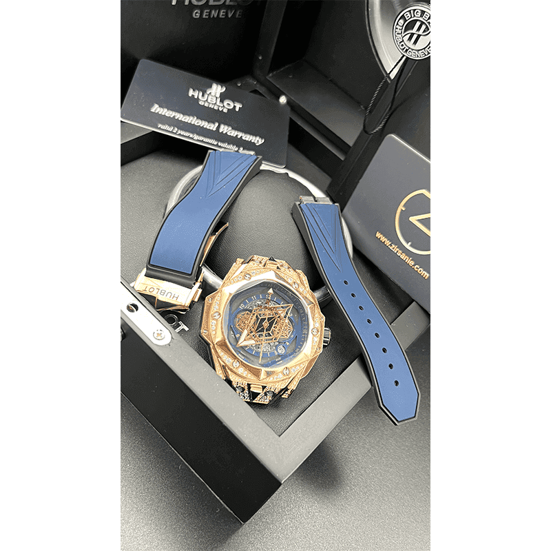 ساعت مچی مردانه هابلوت کهکشانی رزگلد صفحه سرمه‌ای فول نگین Hublot Big Bang SANG BLEU II Rosegold Navy Screen Pave — تصویر ۳