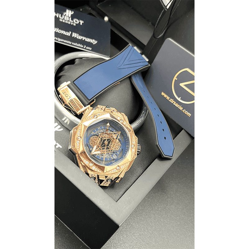 ساعت مچی مردانه هابلوت کهکشانی رزگلد صفحه سرمه‌ای فول نگین Hublot Big Bang SANG BLEU II Rosegold Navy Screen Pave — تصویر ۲