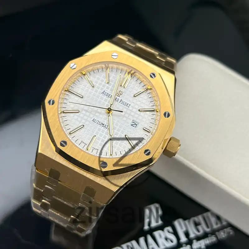 ساعت مچی اودمار پیگه طلایی صفحه سفید (تک و ست) Audemars Piguet Royal Oak Golden White Screen — تصویر ۲
