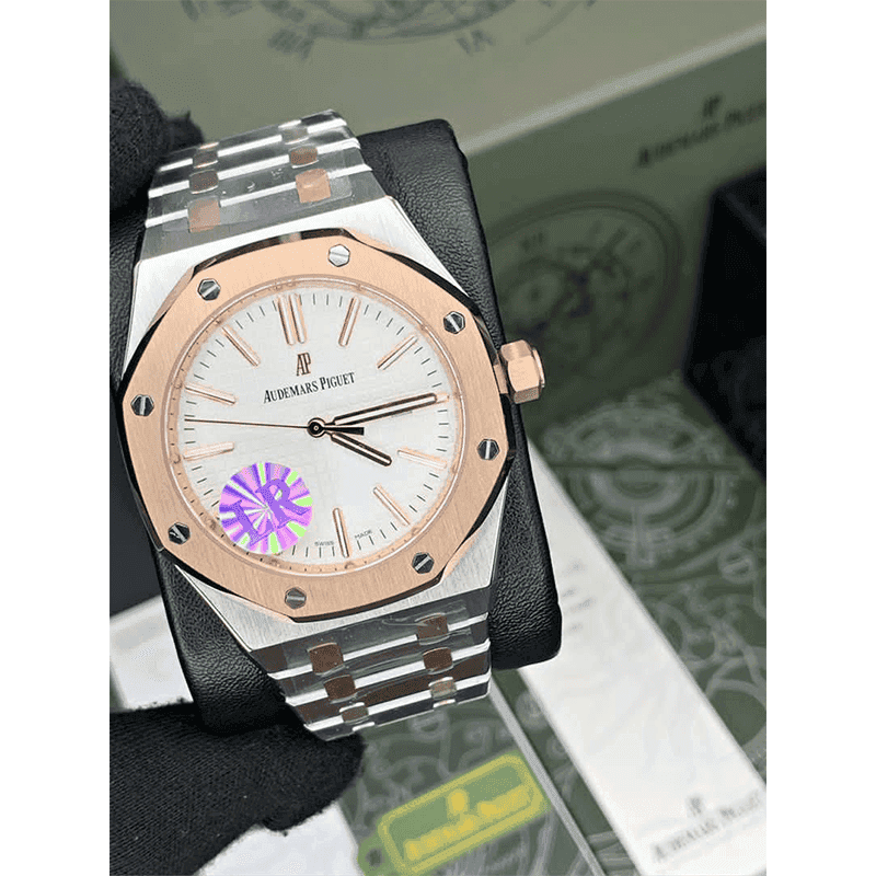 ساعت مچی اودمار پیگه دو رنگ سیلور رزگلد صفحه سفید (ست و تک) Audemars Piguet Royal Oak Set Silver Rose Gold White Screen — تصویر ۳