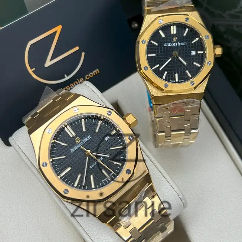 ساعت مچی اودمار پیگه طلایی صفحه مشکی (تک و ست) Audemars Piguet Royal Oak Watch Golden Black Screen — تصویر ۴
