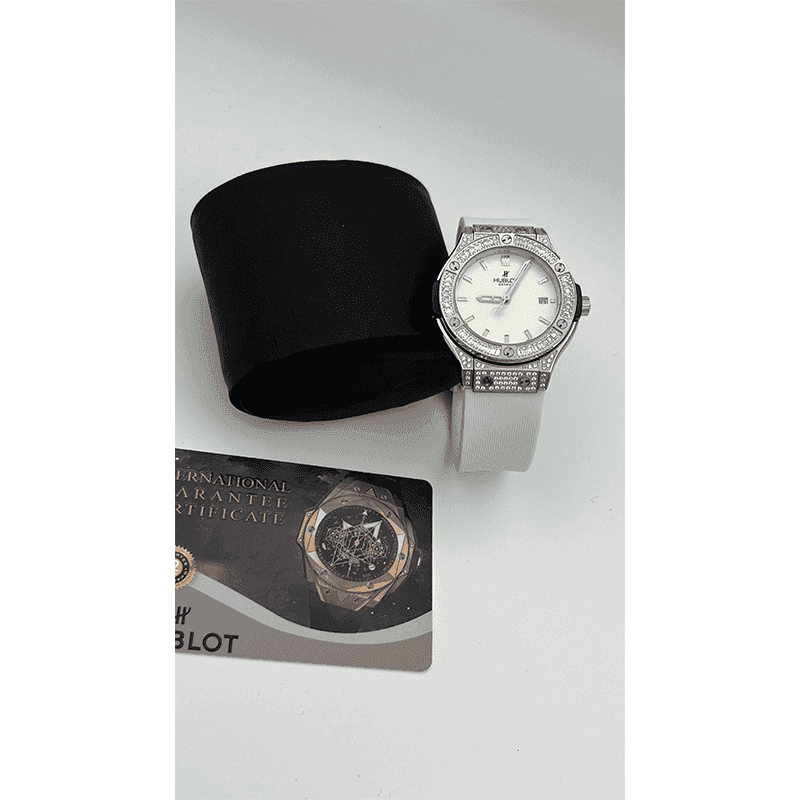 ساعت مچی زنانه هابلوت سیلور صفحه سفید فول نگین Hublot Diamonds Silver White Screen Full Jewel — تصویر ۲