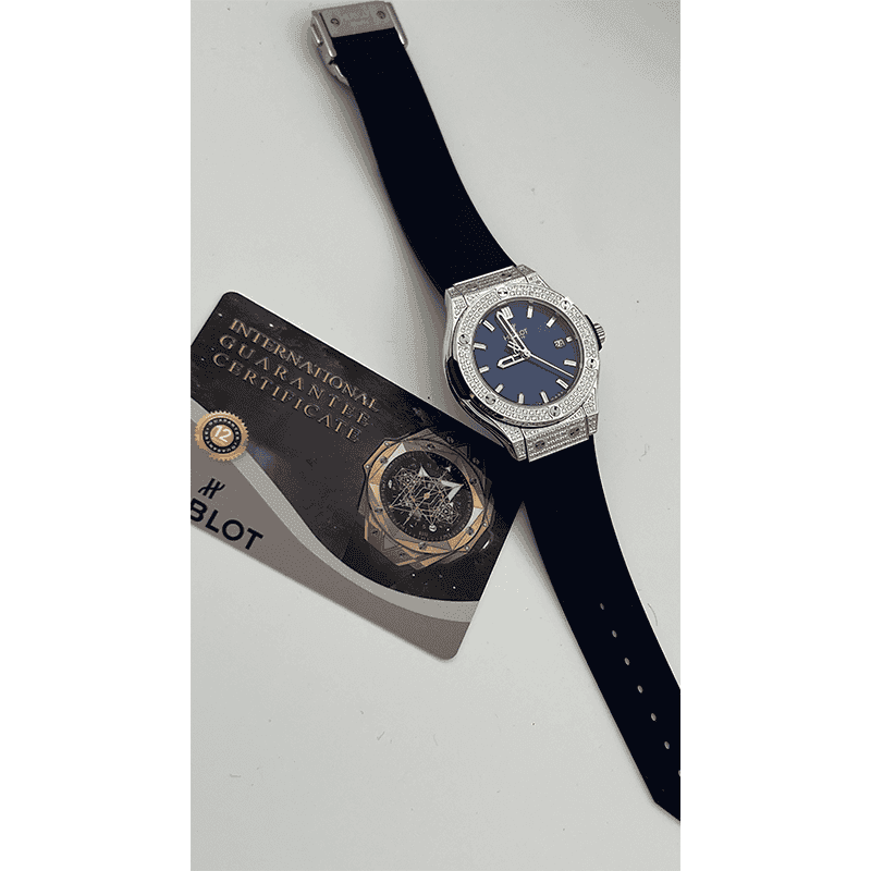 ساعت مچی زنانه هابلوت سیلور صفحه سرمهای فول نگین Hublot Diamonds Silver Navy Screen Full Jewel — تصویر ۳