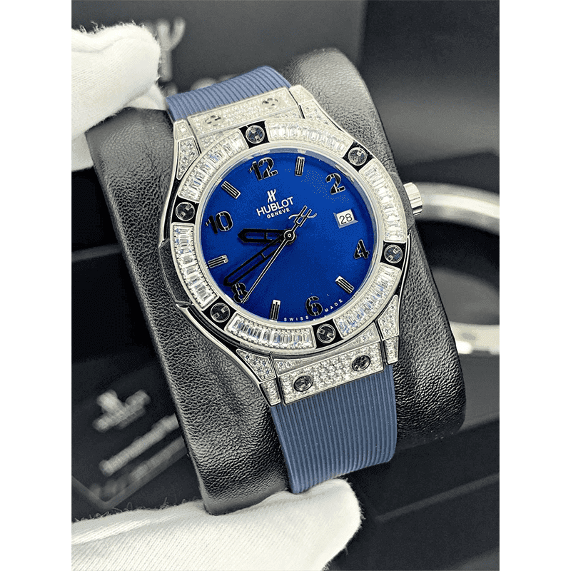 ساعت مچی زنانه هابلوت سیلور صفحه سرمهای فول نگین Hublot Diamonds Silver Navy Screen Full Jewel — تصویر ۶