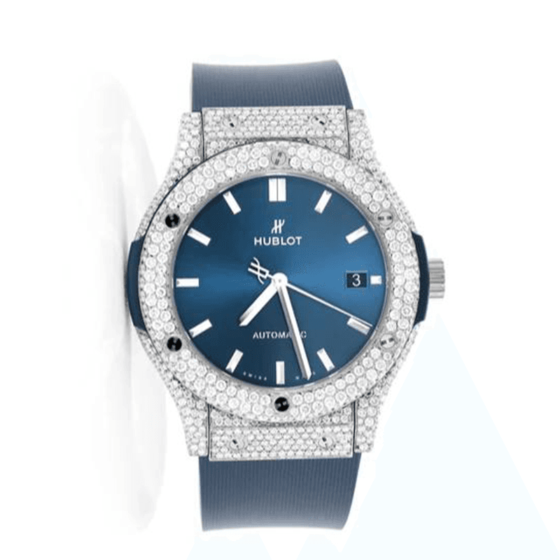 ساعت مچی زنانه هابلوت سیلور صفحه سرمهای فول نگین Hublot Diamonds Silver Navy Screen Full Jewel