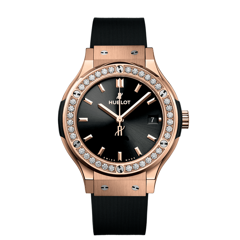 ساعت مچی زنانه هابلوت رزگلد صفحه مشکی دور نگین Hublot Diamonds Rosegold Black Screen Around Jewel